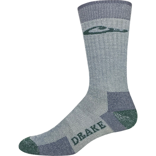 Close-up of Medium Weight Merino Wool Crew Sock, highlighting its reinforced heel and toe, ideal for comfort and durability in outdoor activities.