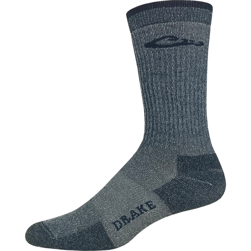 Light Weight Merino Wool Crew Sock with logo, featuring full cushion, arch support, and reinforced heel for comfort and durability, ideal for hunting and outdoor activities.