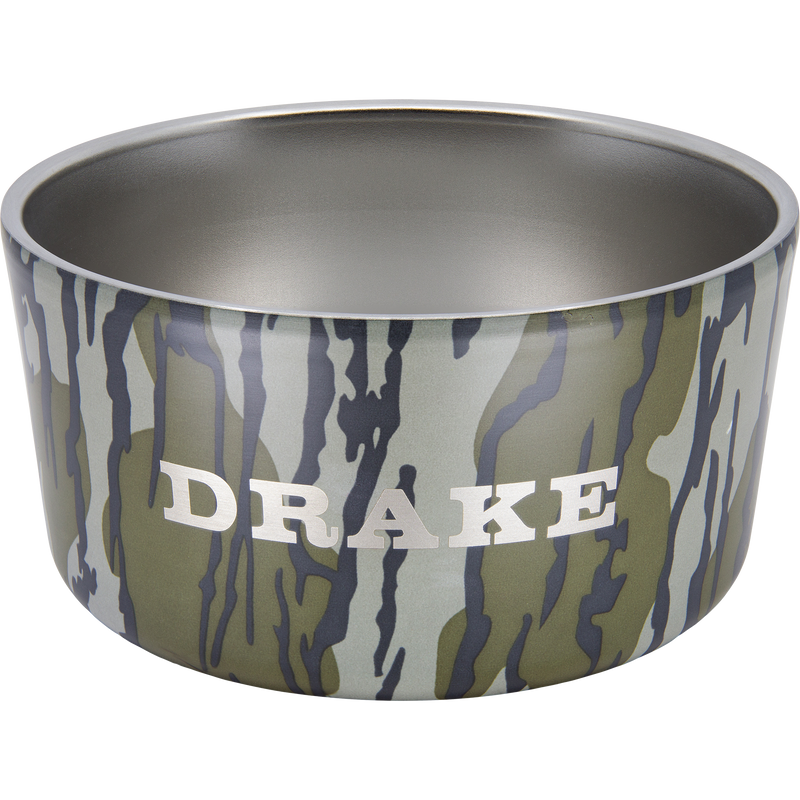 Team Gun Dog Insulated Stainless Steel Dog Bowl with Lid, featuring a camouflage pattern, stenciled DRAKE, and includes a nonslip bottom and collapsible lid.
