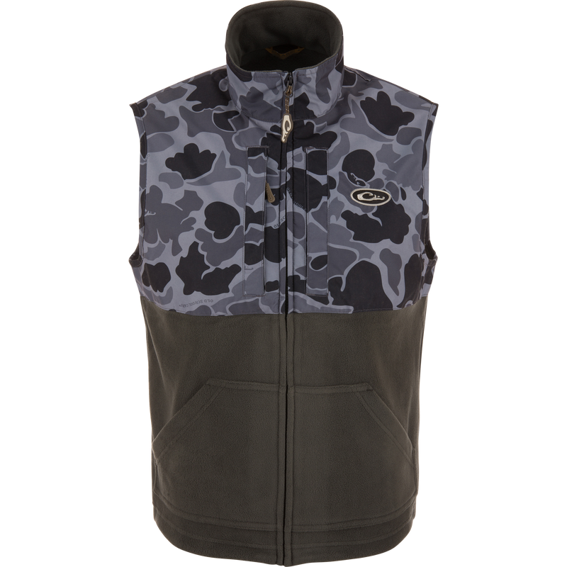 MST Eqwader Vest close-up showcasing waterproof shoulders, breathable fleece lower torso, and convenient chest pockets for hunting essentials.