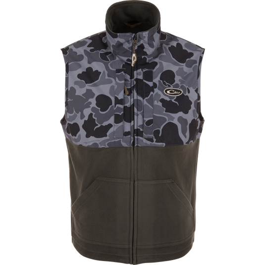 MST Eqwader Vest close-up showcasing waterproof shoulders, breathable fleece lower torso, and convenient chest pockets for hunting essentials.