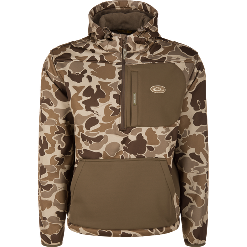 MST Endurance Hoodie With Kangaroo Pouch featuring camo print, fleece-lined hood, quarter-zip, Magnattach™ chest pocket, and kangaroo pouch for comfort and mobility.