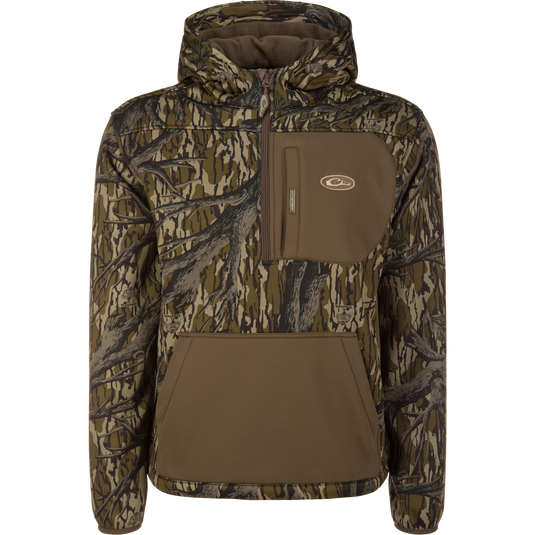 MST Endurance Hoodie With Kangaroo Pouch featuring camo pattern, built-in hood, half-zip chest pocket, and kangaroo-style hand pocket for comfort and mobility.