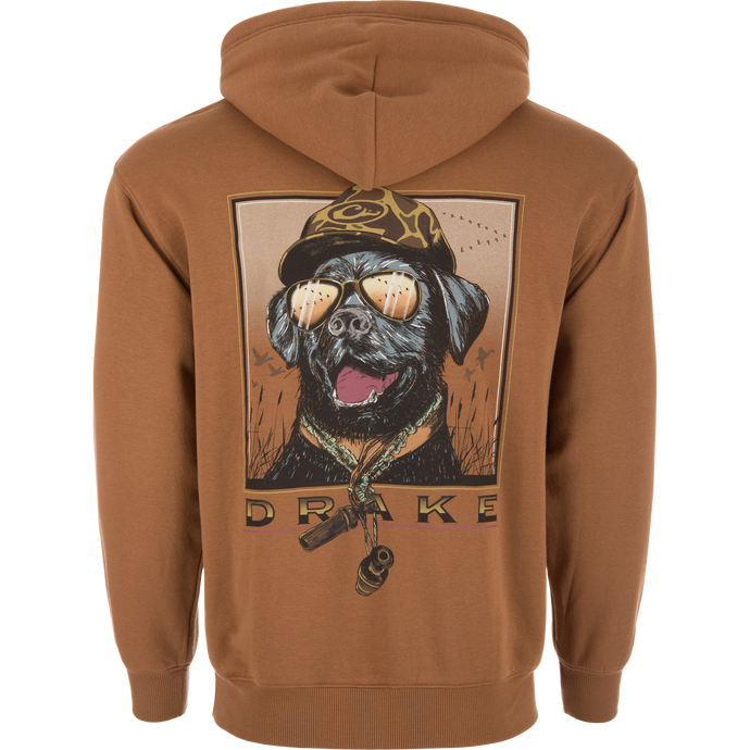 Back of Black Lab Old School Cap Hoodie featuring a graphic of a dog with hunting gear, highlighting the DRAKE brand, ideal for outdoor enthusiasts.