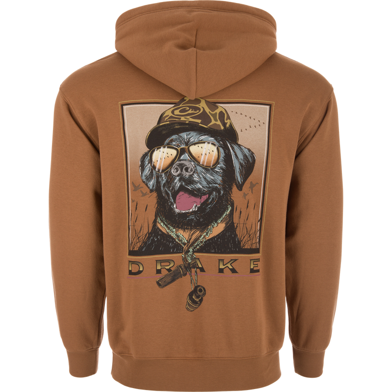 Back of Black Lab Old School Cap Hoodie featuring a graphic of a dog with hunting gear, highlighting the DRAKE brand, ideal for outdoor enthusiasts.