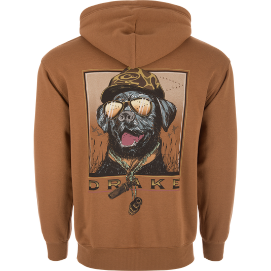 Back of Black Lab Old School Cap Hoodie featuring a graphic of a dog with hunting gear, highlighting the DRAKE brand, ideal for outdoor enthusiasts.
