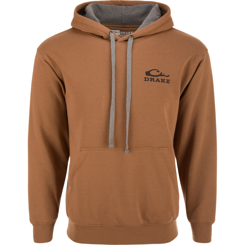 Black Lab Old School Cap Hoodie with logo, featuring a jersey-lined hood, herringbone drawcord, kangaroo pocket, and ribbed cuffs, ideal for outdoor adventures.