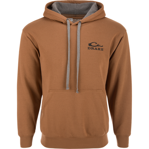 Black Lab Old School Cap Hoodie with logo, featuring a jersey-lined hood, herringbone drawcord, kangaroo pocket, and ribbed cuffs, ideal for outdoor adventures.