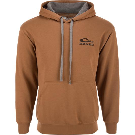 Black Lab Old School Cap Hoodie with logo, featuring a jersey-lined hood, herringbone drawcord, kangaroo pocket, and ribbed cuffs, ideal for outdoor adventures.