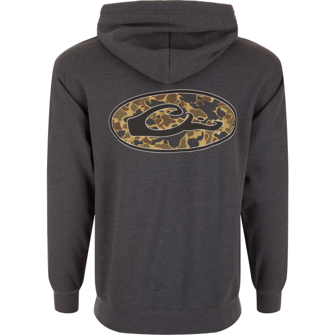 Back view of the Oval Old School Logo Hoodie featuring a camouflage oval graphic and wave-shaped logo, perfect for outdoor adventures.