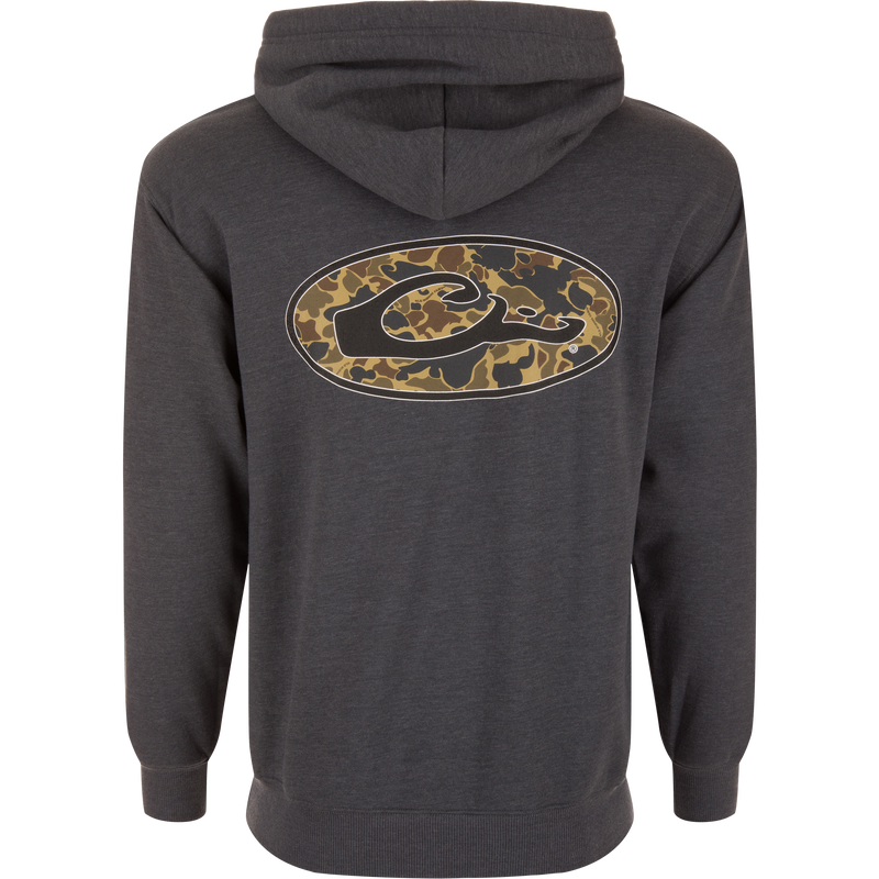 Back view of the Oval Old School Logo Hoodie featuring a camouflage oval graphic and wave-shaped logo, perfect for outdoor adventures.