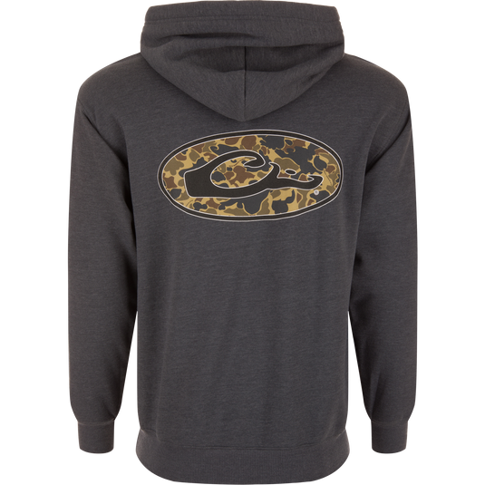 Back view of the Oval Old School Logo Hoodie featuring a camouflage oval graphic and wave-shaped logo, perfect for outdoor adventures.