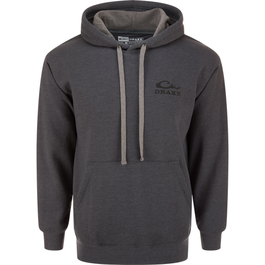 Oval Old School Logo Hoodie with a kangaroo pocket and jersey-lined hood, featuring a Drake logo on the chest, ideal for outdoor adventures.