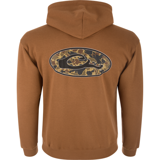 Back view of the Oval Old School Logo Hoodie featuring a woodland camo oval logo with a stylized C motif, ribbed cuffs, and reinforced kangaroo pocket.