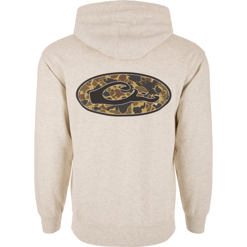 Back view of the Oval Old School Logo Hoodie featuring a camouflage-patterned oval and stylized logo, designed for comfort and durability in outdoor adventures.