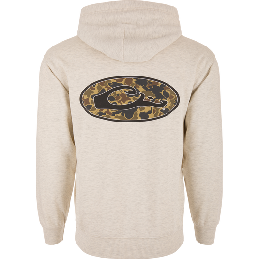 Back view of the Oval Old School Logo Hoodie featuring a camouflage-patterned oval and stylized logo, designed for comfort and durability in outdoor adventures.
