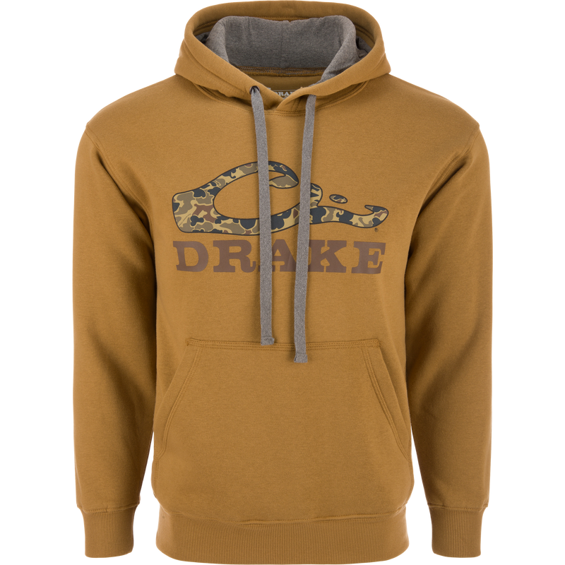 Old School Logo Hoodie with a kangaroo pocket, drawstring hood, and Drake logo, ideal for outdoor adventures, combining comfort and durability.