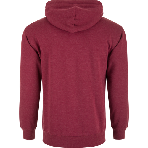 Back view of the Old School Logo Hoodie, a heathered burgundy pullover with a jersey-lined hood and ribbed cuffs, designed for comfort and durability.