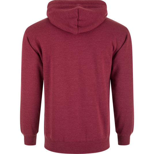 Back view of the Old School Logo Hoodie, a heathered burgundy pullover with a jersey-lined hood and ribbed cuffs, designed for comfort and durability.