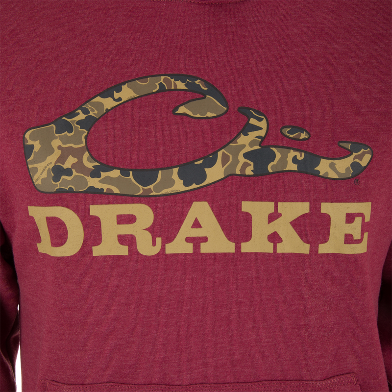 Front view of the Old School Logo Hoodie featuring a camo-patterned logo above DRAKE in bold letters, highlighting its durable, adventure-ready design.