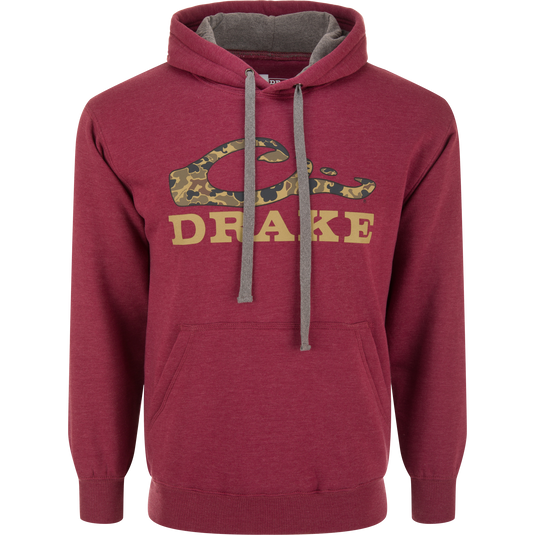 Old School Logo Hoodie featuring DRAKE graphic, drawstring hood, kangaroo pocket, ribbed cuffs, ideal for outdoor adventures with comfort and durability.