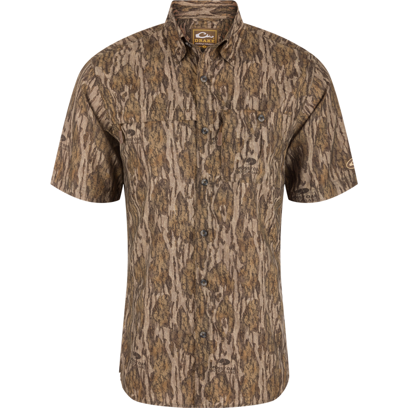 Drake 8-Shot Flyweight Shirt in camo, features button-up front, collared neckline, two chest pockets, perfect for hunting with moisture-wicking and sun protection qualities.