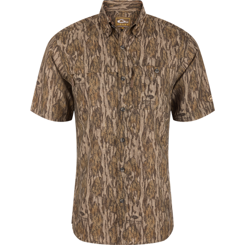 Drake 8-Shot Flyweight Shirt in camo, features button-up front, collared neckline, two chest pockets, perfect for hunting with moisture-wicking and sun protection qualities.