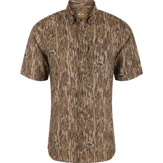 Drake 8-Shot Flyweight Shirt in camo, features button-up front, collared neckline, two chest pockets, perfect for hunting with moisture-wicking and sun protection qualities.