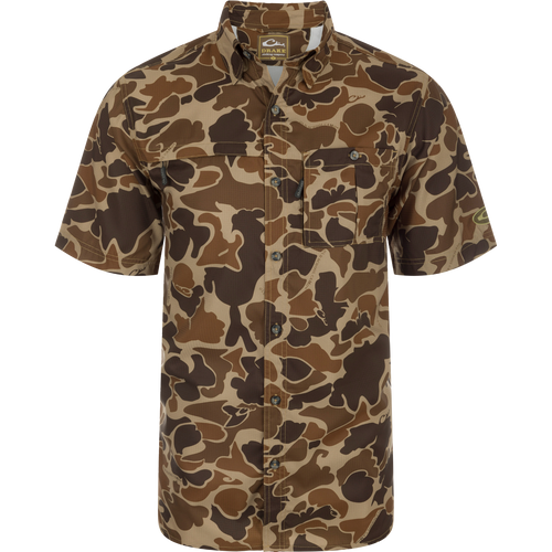 Short-Sleeved Flyweight Camo Hunting Shirt with vented cape back, hidden zippers on chest pockets, and split tail hem for versatile wear.