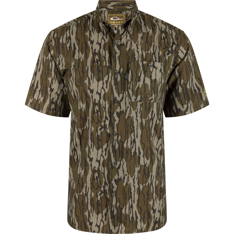 Short-Sleeved Flyweight Camo Hunting Shirt on mannequin, showcasing lightweight fabric, vented cape back, and dual chest pockets with hidden zippers, suitable for outdoor activities.
