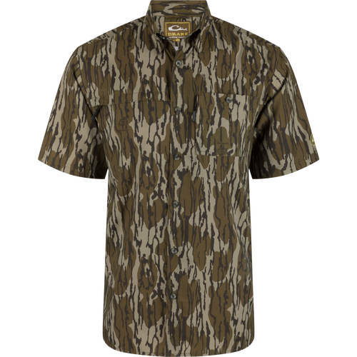 Short-Sleeved Flyweight Camo Hunting Shirt on mannequin, showcasing lightweight fabric, vented cape back, and dual chest pockets with hidden zippers, suitable for outdoor activities.