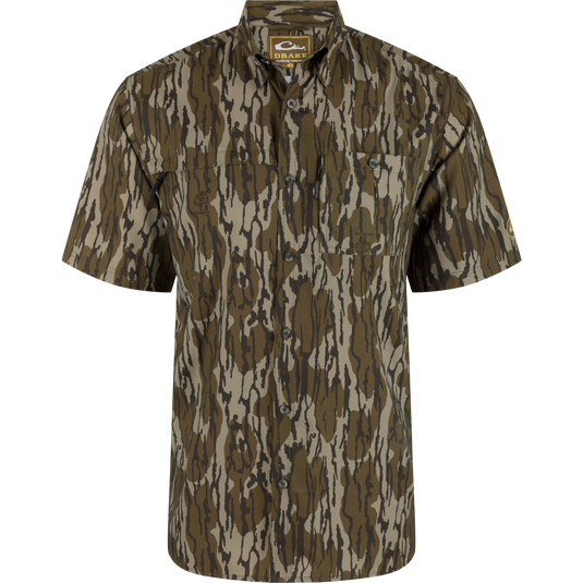 Short-Sleeved Flyweight Camo Hunting Shirt on mannequin, showcasing lightweight fabric, vented cape back, and dual chest pockets with hidden zippers, suitable for outdoor activities.