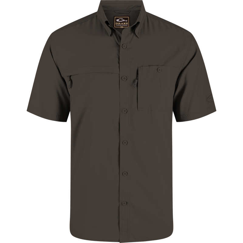 8-Shot Flyweight Shirt, featuring lightweight Dobby fabric, hidden button-down collar, and vented cape back, designed for moisture wicking and ease of movement.