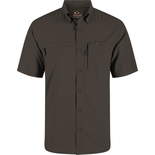 8-Shot Flyweight Shirt, featuring lightweight Dobby fabric, hidden button-down collar, and vented cape back, designed for moisture wicking and ease of movement.