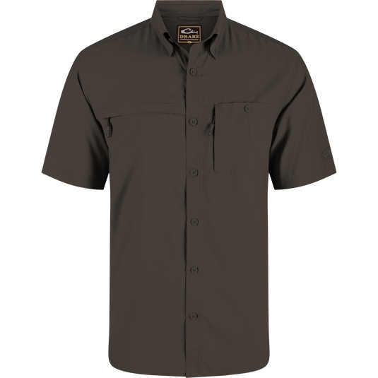 8-Shot Flyweight Shirt, featuring lightweight Dobby fabric, hidden button-down collar, and vented cape back, designed for moisture wicking and ease of movement.