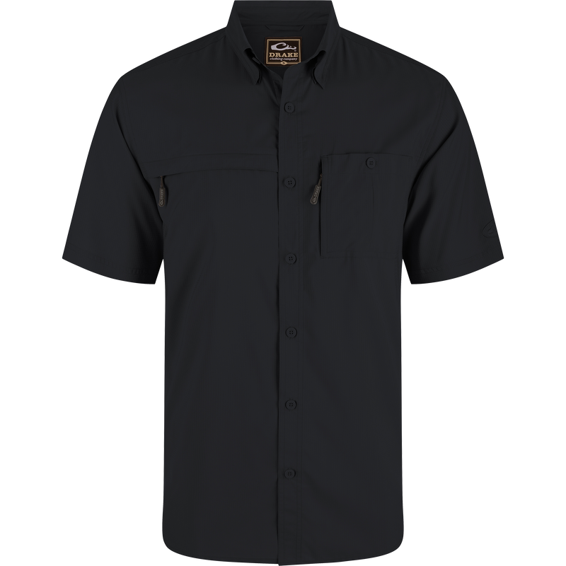 8-Shot Flyweight Shirt with button-down collar, vented cape back, and chest pockets; ideal for hunting with moisture-wicking and UPF30 sun protection features.