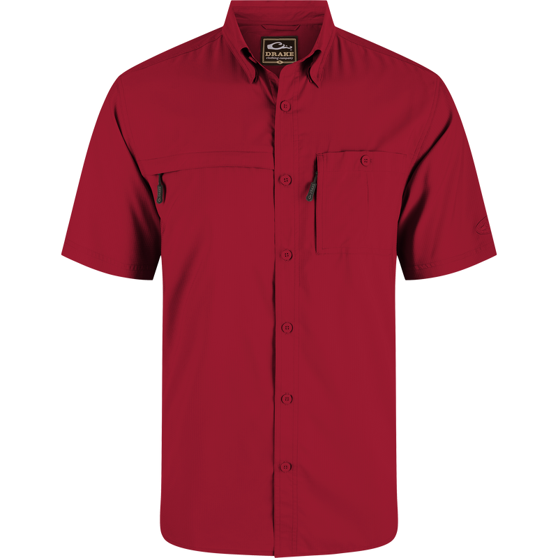 8-Shot Flyweight Shirt featuring a lightweight design, hidden button-down collar, vented cape back, and dual chest pockets with concealed zippers for hunting or casual wear.