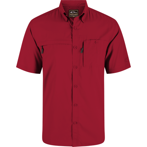 8-Shot Flyweight Shirt featuring a lightweight design, hidden button-down collar, vented cape back, and dual chest pockets with concealed zippers for hunting or casual wear.