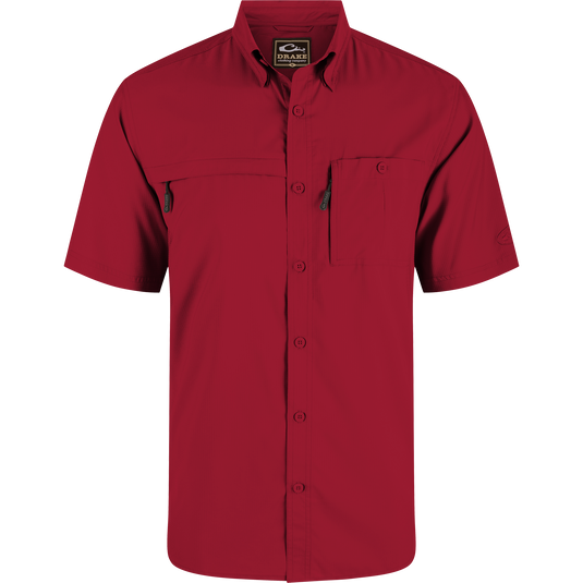8-Shot Flyweight Shirt featuring a lightweight design, hidden button-down collar, vented cape back, and dual chest pockets with concealed zippers for hunting or casual wear.