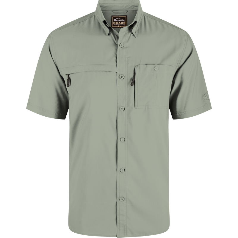 Close-up of the 8-Shot Flyweight Shirt featuring a hidden button-down collar, vented cape back, and chest pockets with hidden zippers.