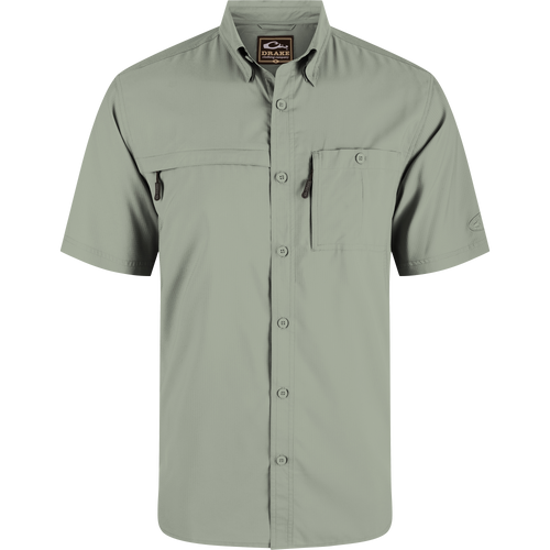 Close-up of the 8-Shot Flyweight Shirt featuring a hidden button-down collar, vented cape back, and chest pockets with hidden zippers.