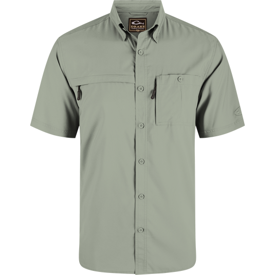 Close-up of the 8-Shot Flyweight Shirt featuring a hidden button-down collar, vented cape back, and chest pockets with hidden zippers.