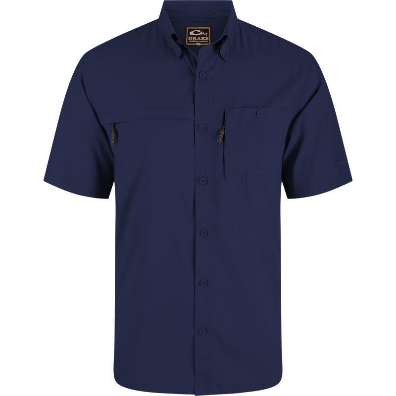 8-Shot Flyweight Shirt featuring a hidden button-down collar, vented cape back, and dual chest pockets with hidden zippers, ideal for hunting and outdoor activities.