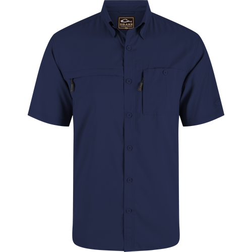 8-Shot Flyweight Shirt featuring a hidden button-down collar, vented cape back, and dual chest pockets with hidden zippers, ideal for hunting and outdoor activities.