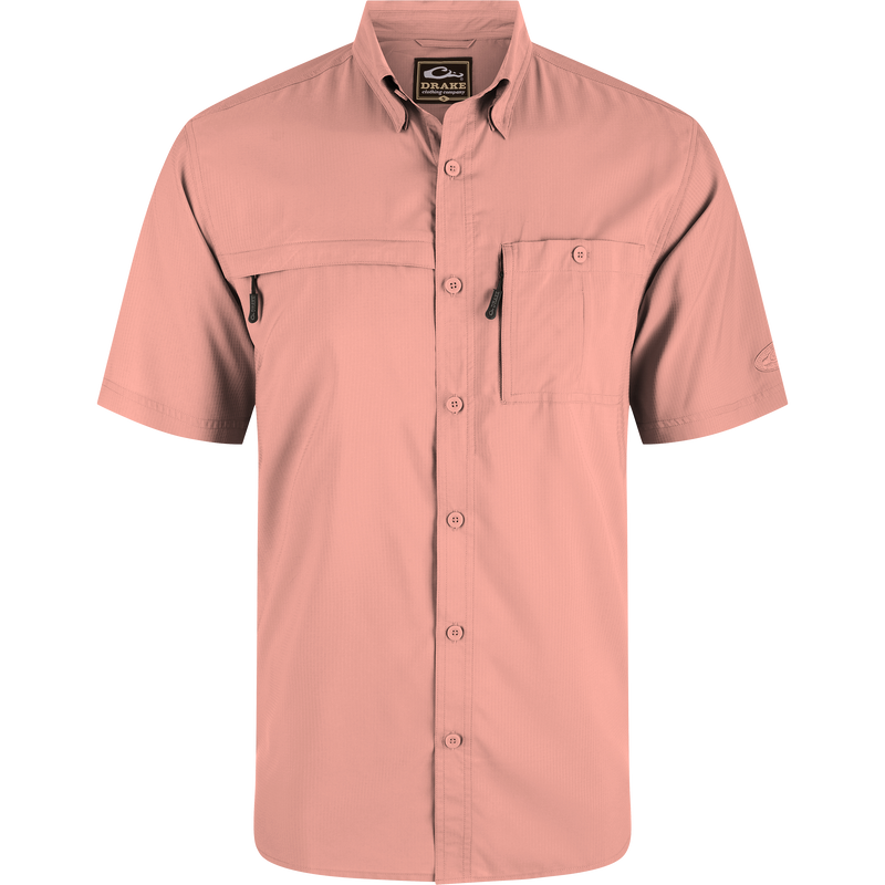 Close-up of the 8-Shot Flyweight Shirt, highlighting the hidden button-down collar, vented cape back, and chest pockets with hidden zippers.