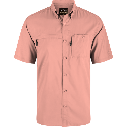 Close-up of the 8-Shot Flyweight Shirt, highlighting the hidden button-down collar, vented cape back, and chest pockets with hidden zippers.