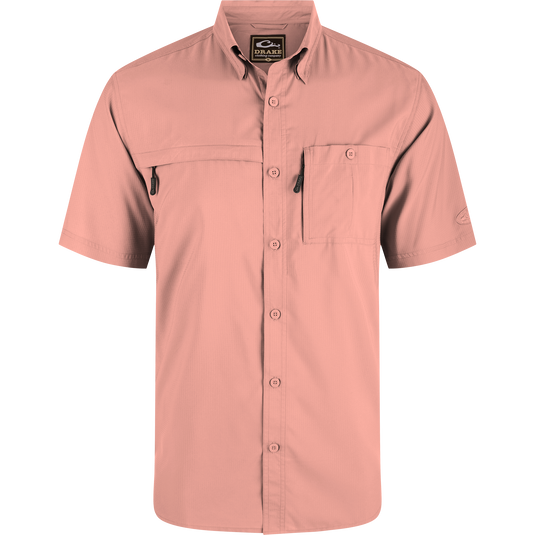 Close-up of the 8-Shot Flyweight Shirt, highlighting the hidden button-down collar, vented cape back, and chest pockets with hidden zippers.