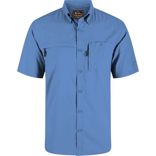 8-Shot Flyweight Shirt with hidden button-down collar, vented cape back, and dual chest pockets with zippers, designed for optimal movement and moisture-wicking.