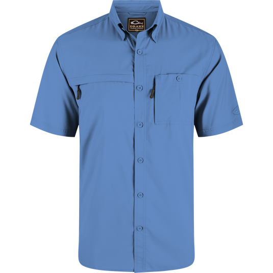 8-Shot Flyweight Shirt with hidden button-down collar, vented cape back, and dual chest pockets with zippers, designed for optimal movement and moisture-wicking.