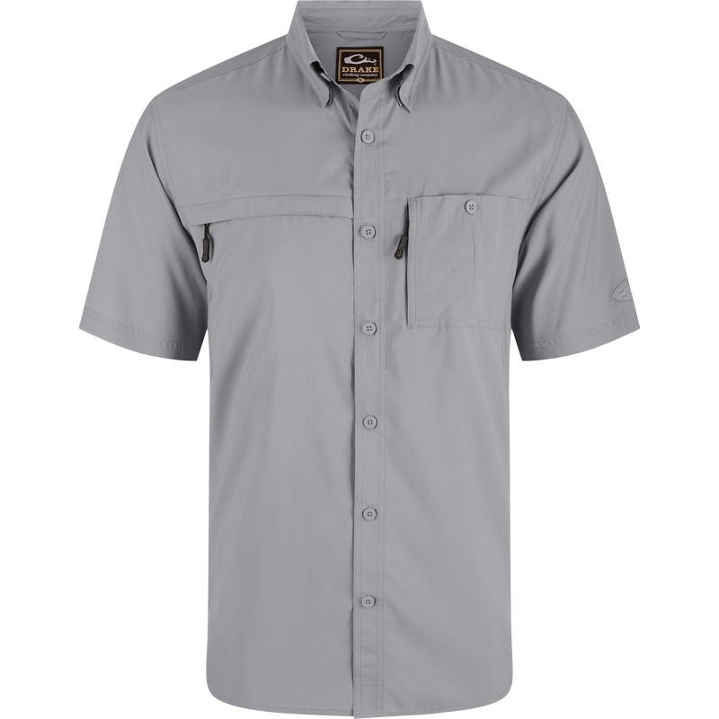 8-Shot Flyweight Shirt with vented cape back, hidden button-down collar, and zippered chest pockets, designed for hunting with moisture-wicking, quick-drying fabric.